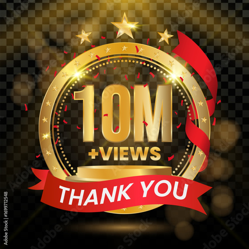 10M Views Logotype with Gold and red Confetti Isolated on Black Background, Vector design for video display celebration.