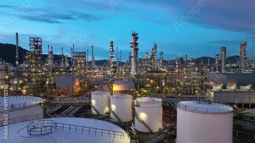 Aerial view oil and gas refinery plant at night, Global business energy logistic transportation, Oil and gas refinery petrochemical industrial, Petrochemical refinery industrial energy supply chain.