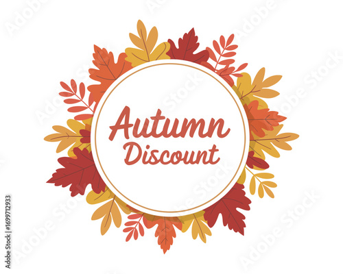A vector illustration of a circular frame decorated with colorful autumn leaves for a seasonal discount or fall sale promotion