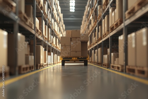 Shelves of Cardboard Boxes in Warehouse with Hand Truck in Aisle