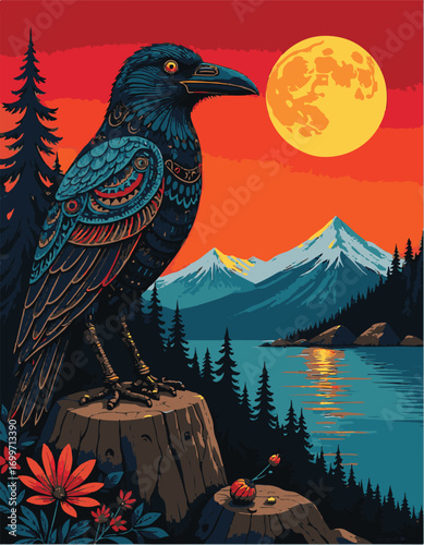 A raven and the moon in the coastal salish art style mixed with the aboriginal dot art style