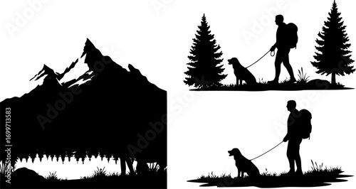 Vector silhouette of couple hiking with their dog in park with lake and mountains in the background. Symbol of nature and wild.
