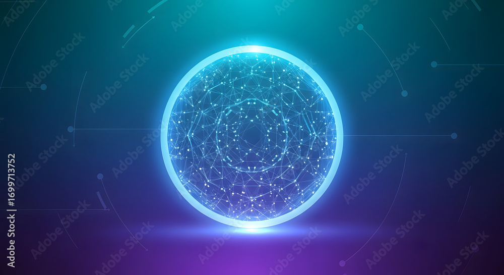 Obraz premium Abstract digital illustration of a luminous orb with a complex plexus network, symbolizing big data, global communication, and artificial intelligence