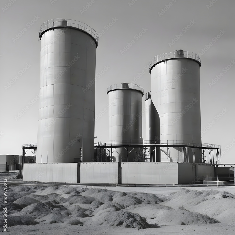 Obraz premium Industrial Storage Tanks: A Monochrome Study of Form and Function