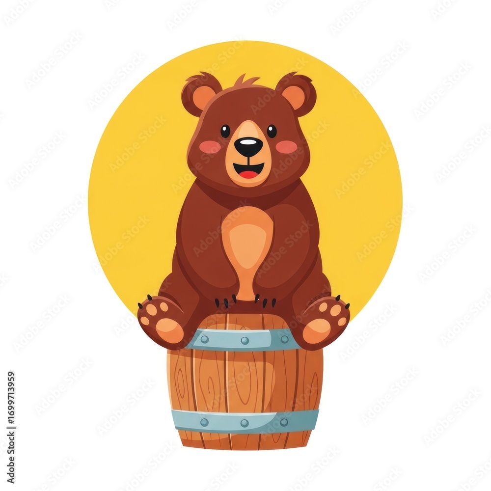 Fototapeta premium Cute cartoon bear sitting on a wooden barrel with a yellow circle background.