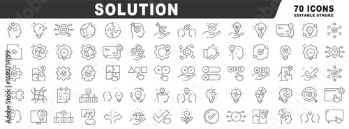 Outline solution icons for problem solving, strategy, decision, puzzle integration, idea innovation, workflow optimization, target success, selection, validation management planning