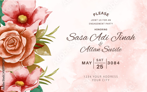 Elegant floral wedding invitation with watercolor roses and greenery for engagement party