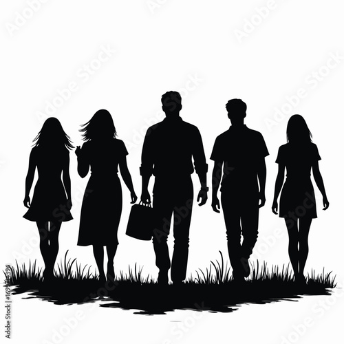 Group of people walking forward silhouette on grass