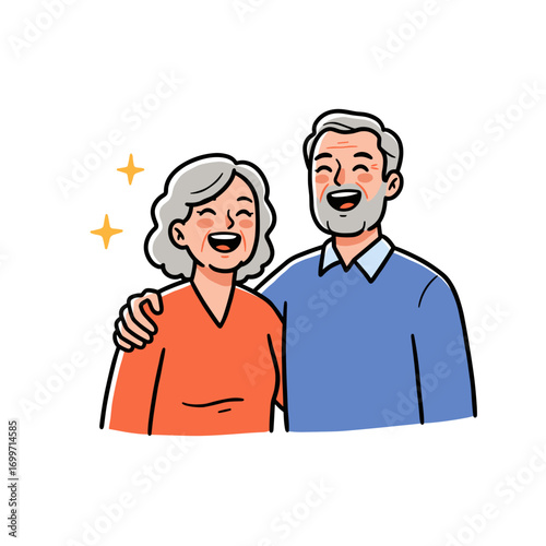 Elderly couple smiling and standing together with cheerful expressions  