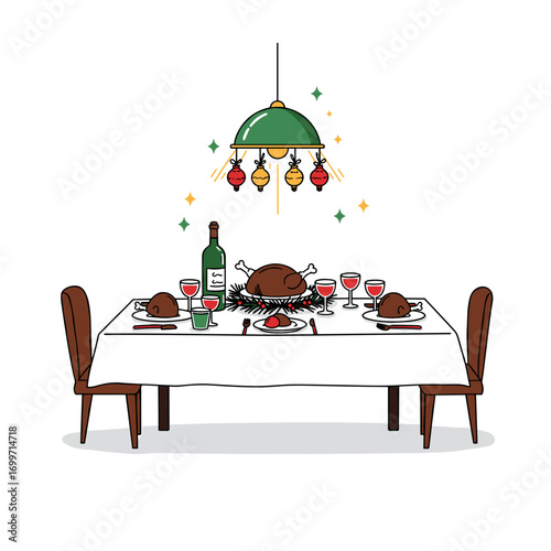 Christmas dinner table set with food and wine against white background  