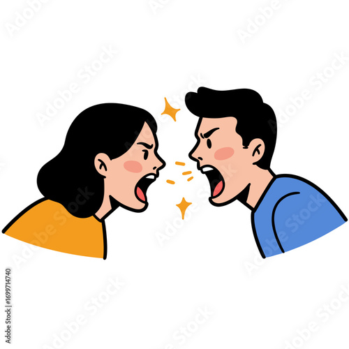 Couple arguing and yelling at each other with intense expressions  