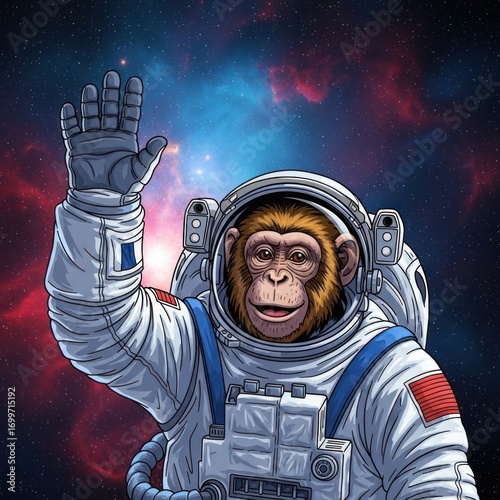 Chimpanzee Astronaut Waving in Space with Nebula Background.