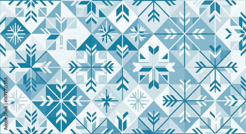 Geometric Vector Pattern with Snowflake and Triangle Elements in Shades of Blue Winter Design