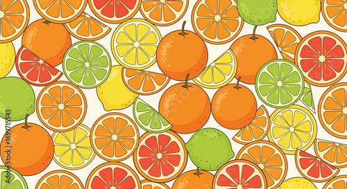Seamless Fruit Vector Pattern with Lemon Orange Lime and Grapefruit Slices in a Colorful Style