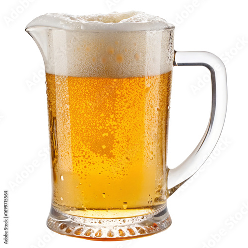 Large pitcher of cold draft beer with frothy foam for refreshing drink and alcohol enjoyment