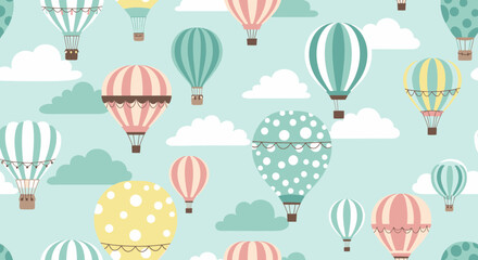 Fotobehang Luchtballon Luchtballonnen met pastel wolkjes patroon  © dawnverse