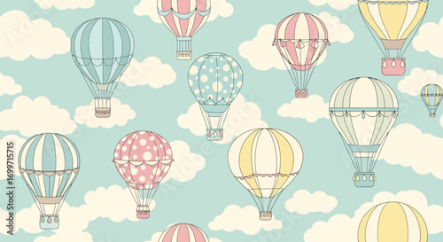 Seamless Hot Air Balloon Vector Pattern with Clouds in Pastel Colors Vintage Style Illustration