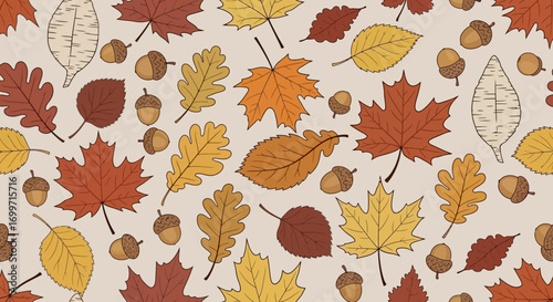 Autumnal Vector Pattern with Falling Leaves and Acorns Rustic Style Background in Warm Yellow Orange and Brown Palette