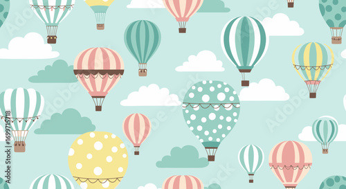 Hot Air Balloon Vector Pattern Design with Pastel Cloud Elements in a Whimsical Style
