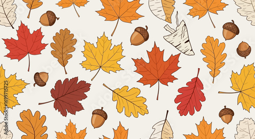Autumn Vector Pattern with Maple and Oak Leaf Illustrations Acorn Elements in Warm Color Tones