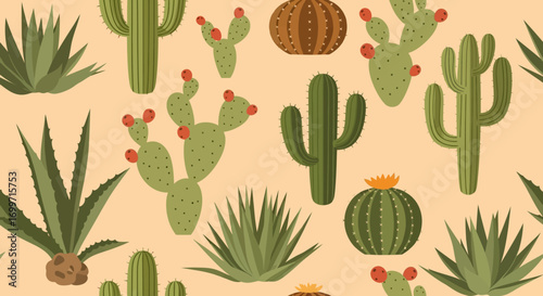 Cactus Pattern Vector Illustration with Desert Plants including Saguaros and Agaves in a Flat Modern Style