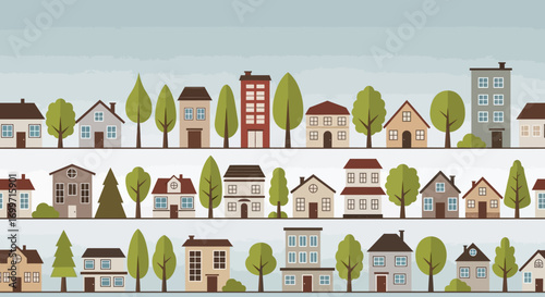 Seamless Vector Pattern of Houses and Trees in Flat Design Style Urban Landscape Illustration