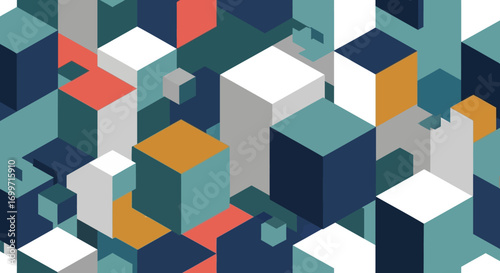 Abstract Geometric Vector Background with Cubes in Teal White and Orange Tones Isometric Shapes Modern Style