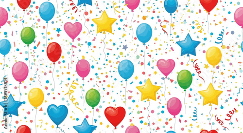 Celebration Vector Pattern with Balloons Confetti Star Heart Elements in Colorful Decorative Style