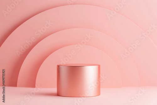 Minimalist rose gold cylinder podium against soft pink arch background