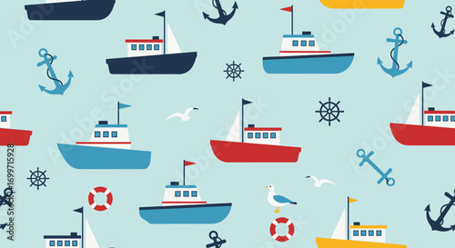 Seamless Nautical Vector Pattern with Boats Anchors and Seagulls in Modern Style