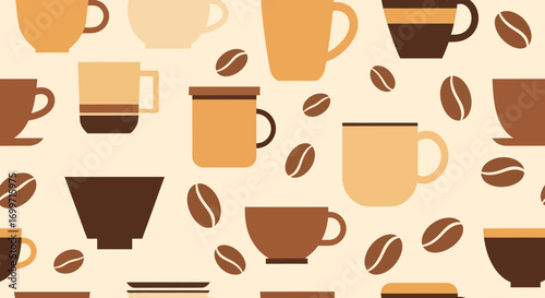 Coffee Mug Vector Pattern with Brown Bean Design in Modern Flat Style