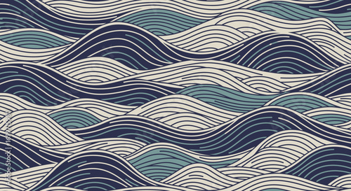 Abstract Wave Vector Pattern Design with Wavy Lines in Blue and Beige for Fabric Design