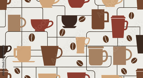 Coffee Vector Pattern with Cups and Beans in Modern Geometric Design