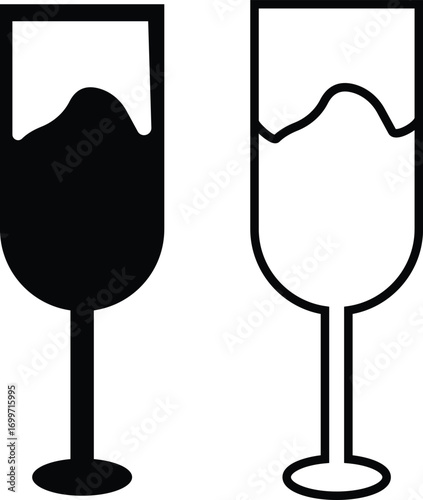 Wine glass icon set collection group in black flat and line style, beverage drink goblet cup symbol bundle, alcohol bar cocktail champagne liquor illustration, isolated on transparent background vecto