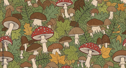 Seamless Vector Pattern with Mushrooms and Leaves Vintage Style Background