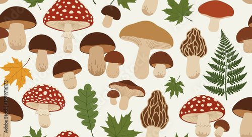Botanical Vector Pattern with Mushrooms and Leaf Elements in Modern Style
