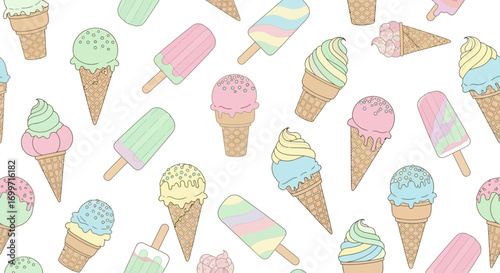 Seamless Vector Pattern with Colorful Ice Cream and Popsicle Sweets in Pastel Tones