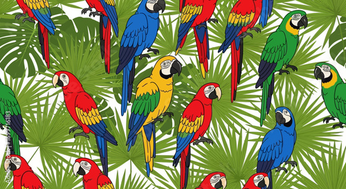 Illustration Vector Pattern with Parrots and Palm Leaves Exotic Design in Colorful Modern Style