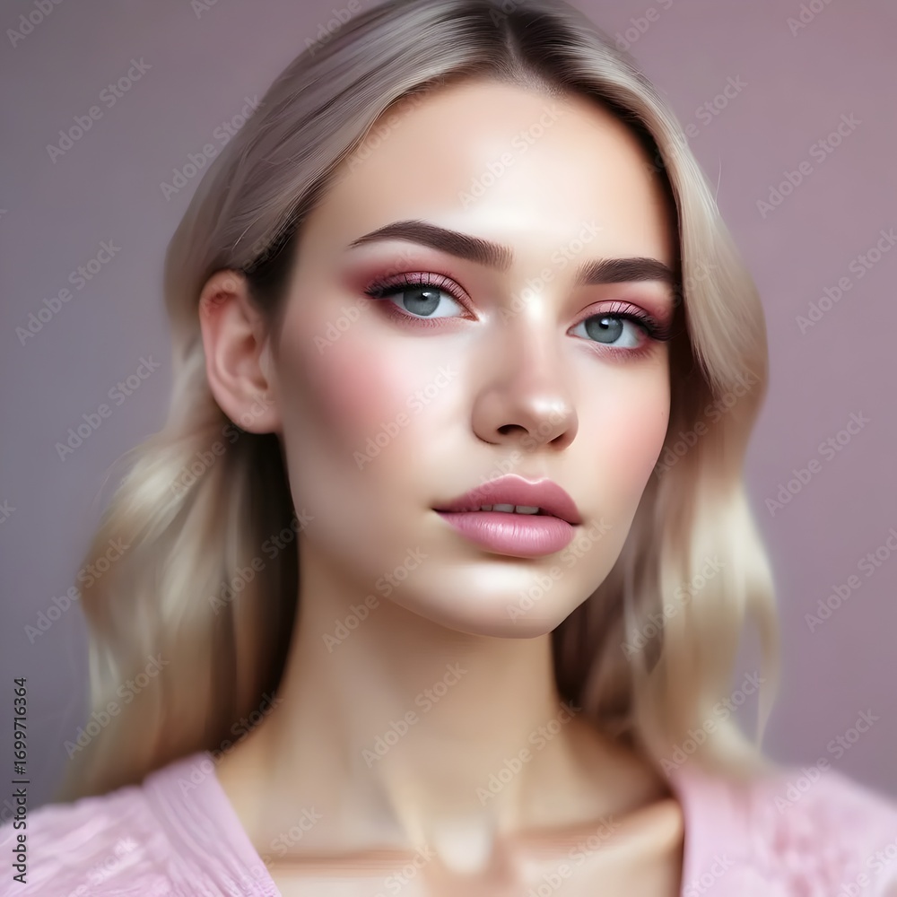 Naklejka premium Beautiful blonde woman portrait with soft pink makeup and background