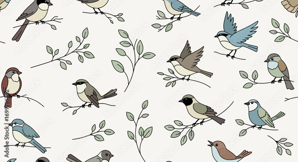 Fototapeta premium Seamless Vector Pattern with Birds and Branches Hand Drawn Style Illustration