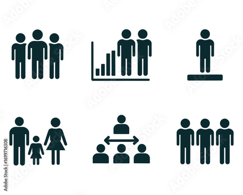 People and Teamwork Icons Set – Business, Family, and Organizational Hierarchy Symbols