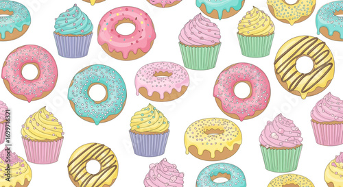 Sweet Treats Vector Pattern with Cupcake and Donut Design Food Illustration in Pastel Color Modern Style