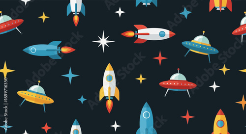 Space Vector Pattern with Rocket and UFO Elements in Starry Night Design