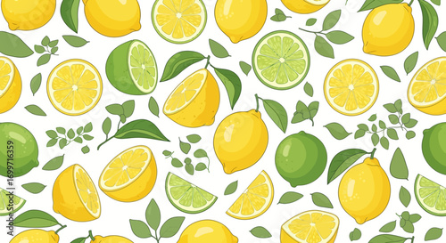Seamless Lemon and Lime Vector Pattern with Leaves Tropical Fruit Vector Design