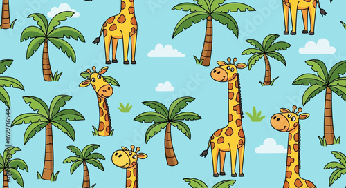 Cartoon Animal Vector Pattern with Cute Giraffes and Palm Trees Kids Design