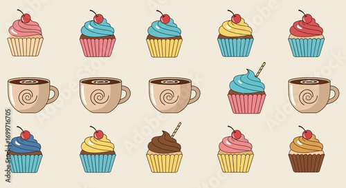 Pattern Vector Seamless with Coffee Cup and Cupcake Illustration in Modern Style with Outlines for Culinary and Cafe Design