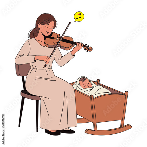 vector illustration of a mother playing the violin to lull her baby in a cradle to sleep. Isolated on a white background.

