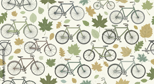 Seamless Vector Pattern with Vintage Bicycles and Autumn Leaves in Earth Tones