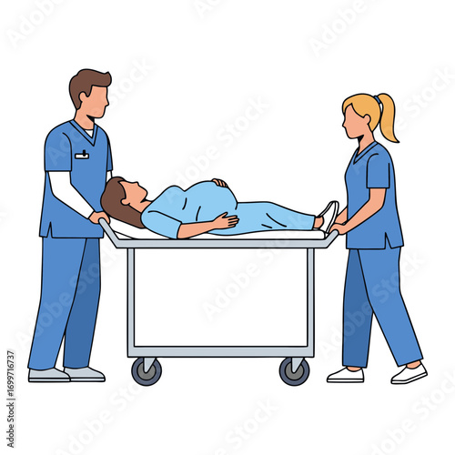 vector illustration of two nurses carrying a pregnant woman on a patient cart.  plain white background
