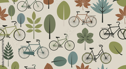 Pattern Vector Seamless with Bicycles and Trees Repeating Pattern in Muted Colors Vintage Style